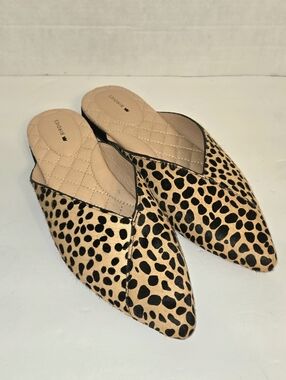 Birdies The Swan Cheetah Calf Hair Pointed Toe Mules Size 9 Black Biege